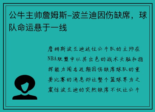 公牛主帅詹姆斯-波兰迪因伤缺席，球队命运悬于一线